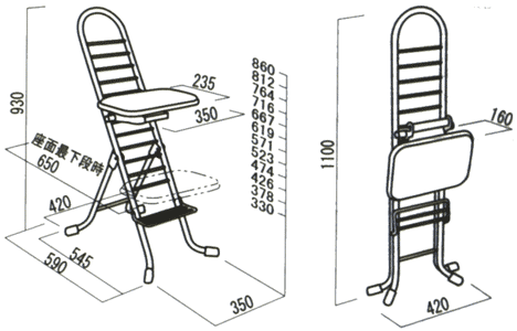座面の高さ及び足置き座面の高さが、(約)330～860mmまで12段階に調節できます。