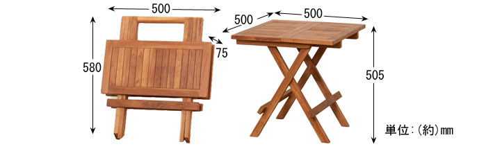 天然木チーク材折り畳みテーブルの詳細図