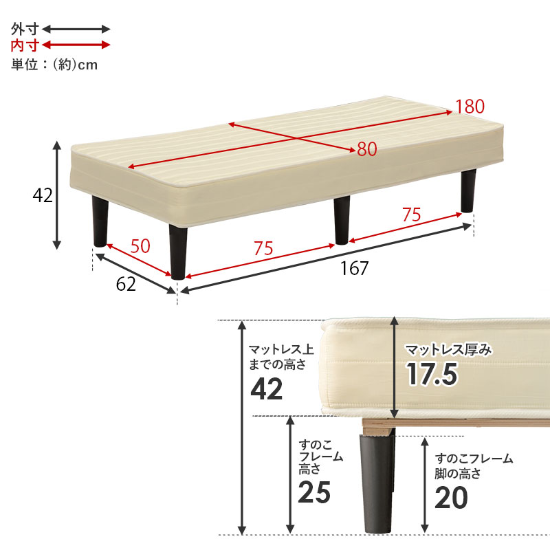 ボンネルコイルマットレス すのこベッド セミシングルショート KMB-3105SSS 床下20cm