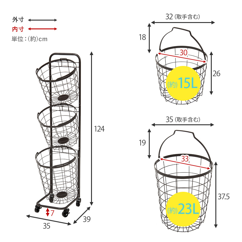 角型3段 ランドリーラック KR-3971 バスケット 分別 洗濯 キャスター付