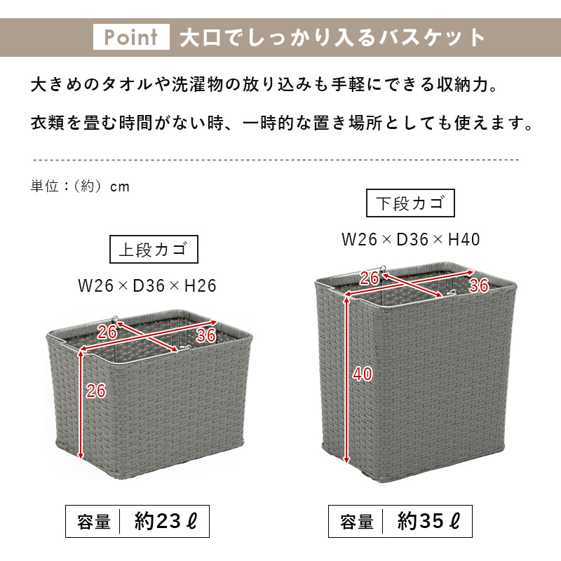 ランドリーラック RAN-2428 大容量 23L 35L バスケット4個 水回り ラタン調