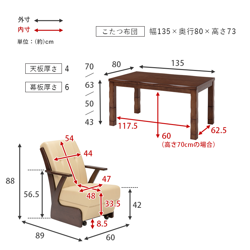 ダイニングコタツ6点セット 幅135 コタツテーブル 山城135 チェア4脚 こたつ布団