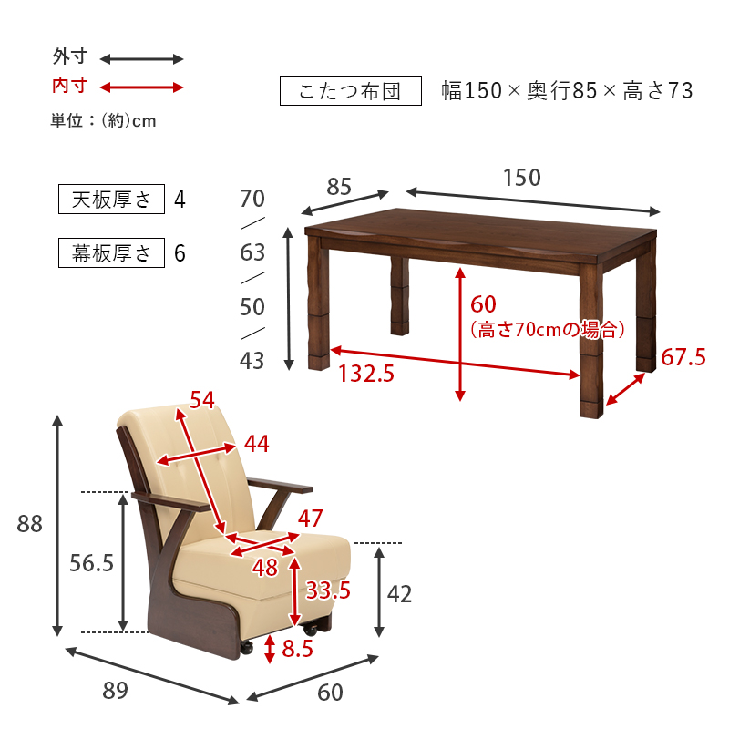 ダイニングコタツ6点セット 幅150 コタツテーブル 山城150 チェア4脚 こたつ布団