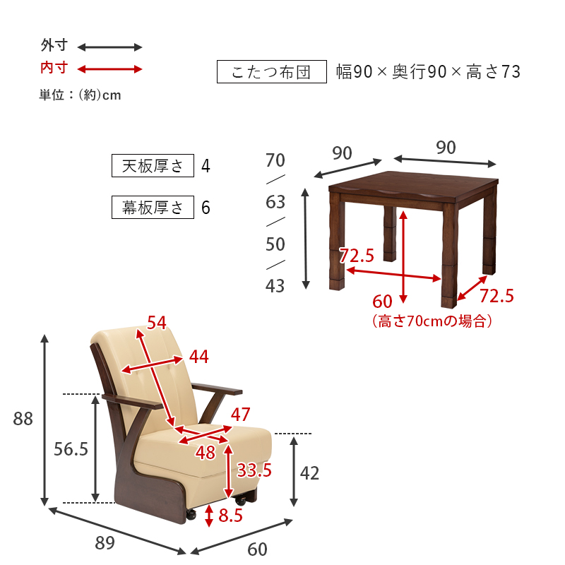 ダイニングコタツ4点セット 幅90 コタツテーブル 山城90 チェア2脚 こたつ布団