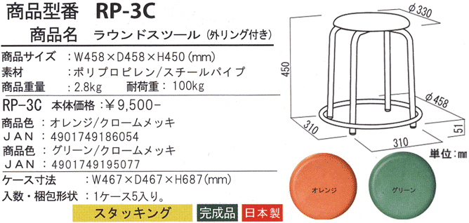 ラウンドスツール(外リング付)RP-3C(OR・GR)の詳細図