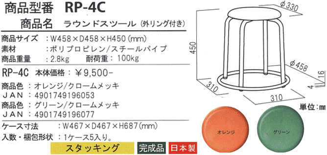 ラウンドスツール(外リング付)RP-4C(OR・GR)の詳細図