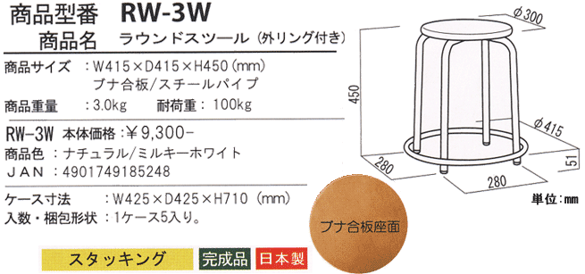 ラウンドスツール(外リング付)RW-3Wの詳細図