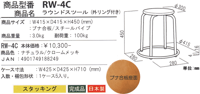 ラウンドスツール(外リング付)RW-4Cの詳細図