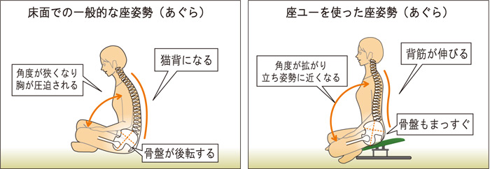 床面での一般的な座姿勢(あぐら)・座ユーを使った座姿勢(あぐら)との違い