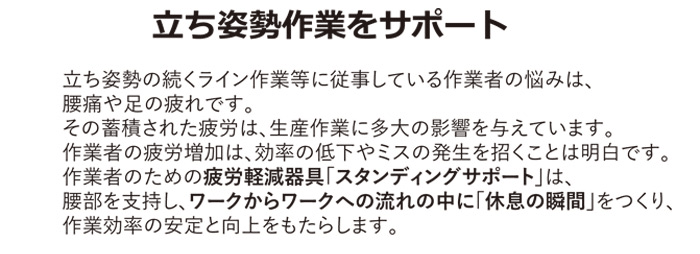 立ち姿勢作業をサポート

立ち姿勢の続くライン作業等に従事している作業者の悩みは、
腰板や足の疲れです。
その蓄積された疲労は、生産作業に多大の影響を与えています。
作業者の疲労増加は、効率の低下やミスの発生を招くことは明白です。
作業者のための疲労軽減器具「スタディングサポート」は、
腰部を支持し、ワークからワークへの流れの中に「休息の瞬間」をつくり、
作業効率の安定と向上をもたらします。