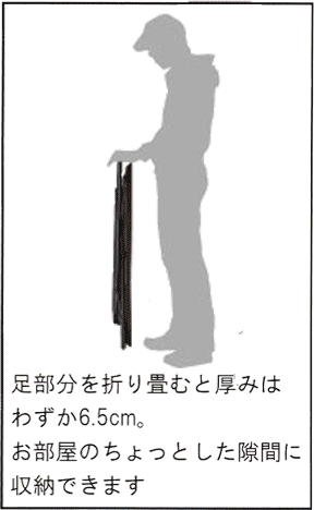 足部分を折り畳むと厚みはわずか6.5cm。お部屋のちょっとした隙間に収納できます。