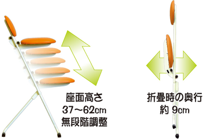 座面高さ(約)37〜62cm 無段階調節できます。折畳時の奥行(約)9cmです。