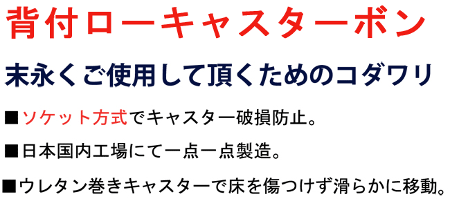 【背付ローキャスターボン】末永くご使用して頂くためのコダワリ。■ソケット方式でキャスター破損防止。■日本国内工場にて一点一点製造。■ウレタン巻キャスターで床を傷つけずに滑らかに移動。