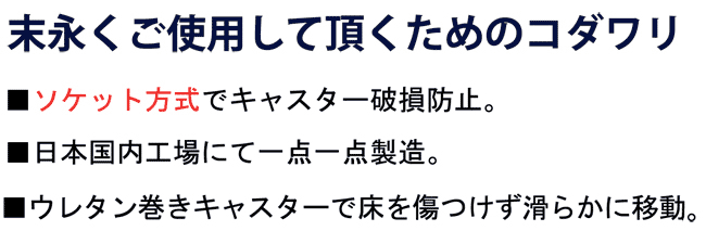 末永くご使用して頂くためのコダワリ。■ソケット方式でキャスター破損防止。■日本国内工場にて一点一点製造。■ウレタン巻キャスターで床を傷つけずに滑らかに移動。