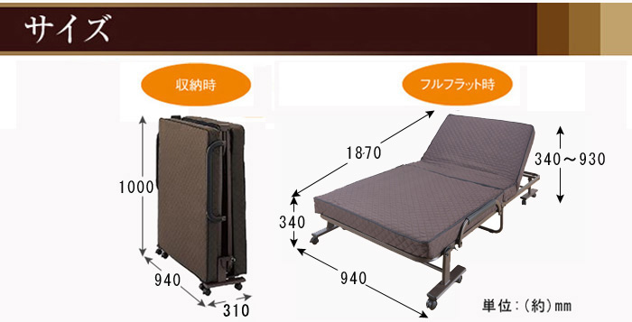 コンパクト折りたたみベッド TS-801-2S　BR/IV(ショートシングルの詳細図