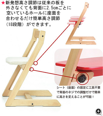 ★新発想高さ調節は従来の板を外さなくても背面に2.5cmごとに空いているホールに座面を合わせるだけ簡単高さ調節(18段階)できます。シート(座面)の固定に工具不要で背面のネジでの調節だけで簡単に高さを変えることが可能!