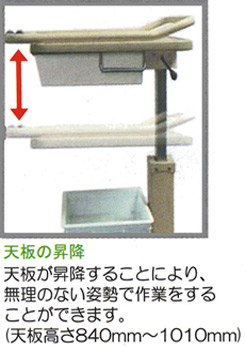 「天板の昇降」天板が昇降することにより、無理のない姿勢で作業をすることができます。(天板高さ:約 840mm～1010mm)