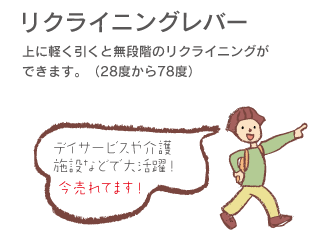 「リクライニングレバー」上に軽く引くと無段階のリクライニングできます。(28度から78度)