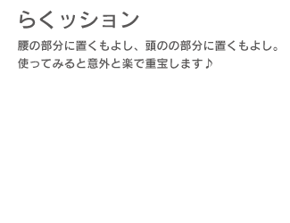 「らくッション」腰の部分に置くのもよし、頭の部分に置くのもよし、使ってみると意外と楽します