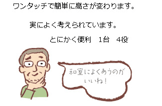 ワンタッチで簡単に高さが変わります。実によく考えられています。とにかく便利　1台　4役「和室によくあうのがいいね!