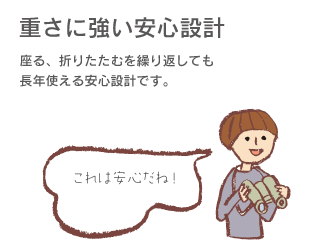 「重さも強い安心設計」座る、折りたたむを繰り返しても長年使える安心設計。