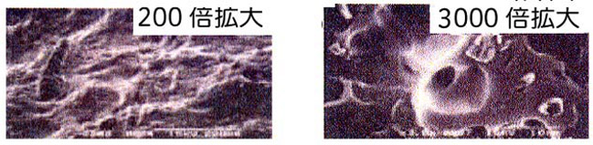 200倍拡大・3000倍拡大(素材中に練り込まれた墨の粒子拡大図)