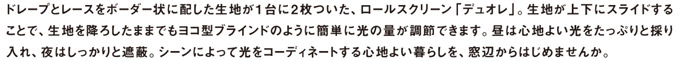 ドレーブとレースをボーダー状に配した生地が１台に２枚ついた、ロールスクリーン「デュオレ」。生地が上下にスライドすることで、生地を降ろしたままでもヨコ型ブラインドのように簡単に光の量が調節できます。昼は心地よい光をたっぷりと採り入れ、夜はしっかりと遮蔽。シートによって光をコーディネートする心地よい暮らしを、窓辺からはじめませんか。