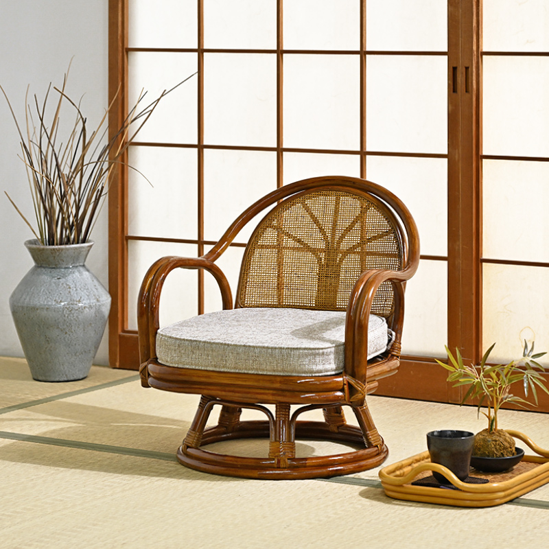 ラタン回転チェア 籐製回転椅子 ベージュ クッション付き 座面高26cm C631HRD