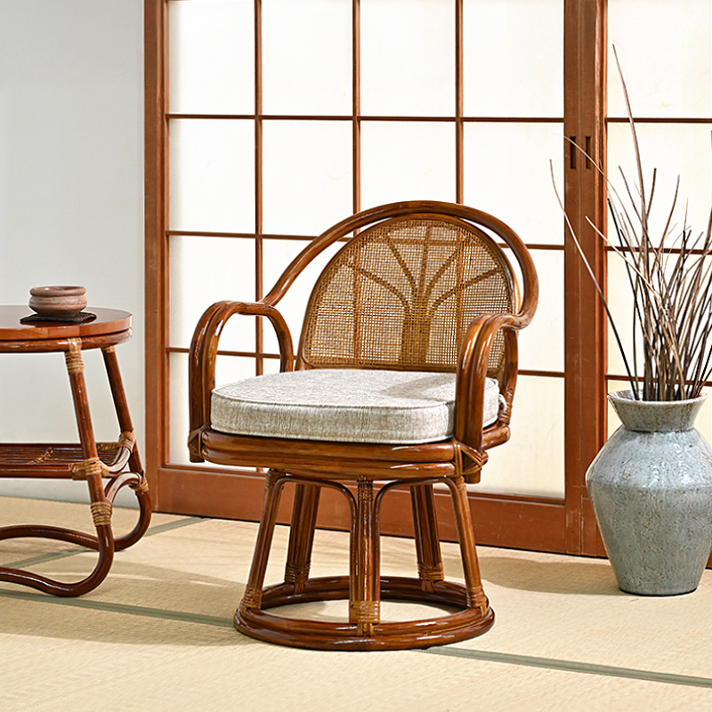 ラタン回転チェア 籐製回転椅子 ベージュ クッション付き 座面高38cm C633HRD