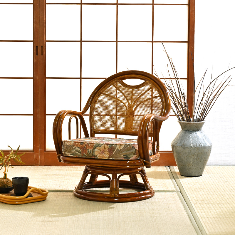 ラタン回転チェア 籐製回転椅子 花柄 クッション付き 座面高28cm ミドルタイプ C742HRF