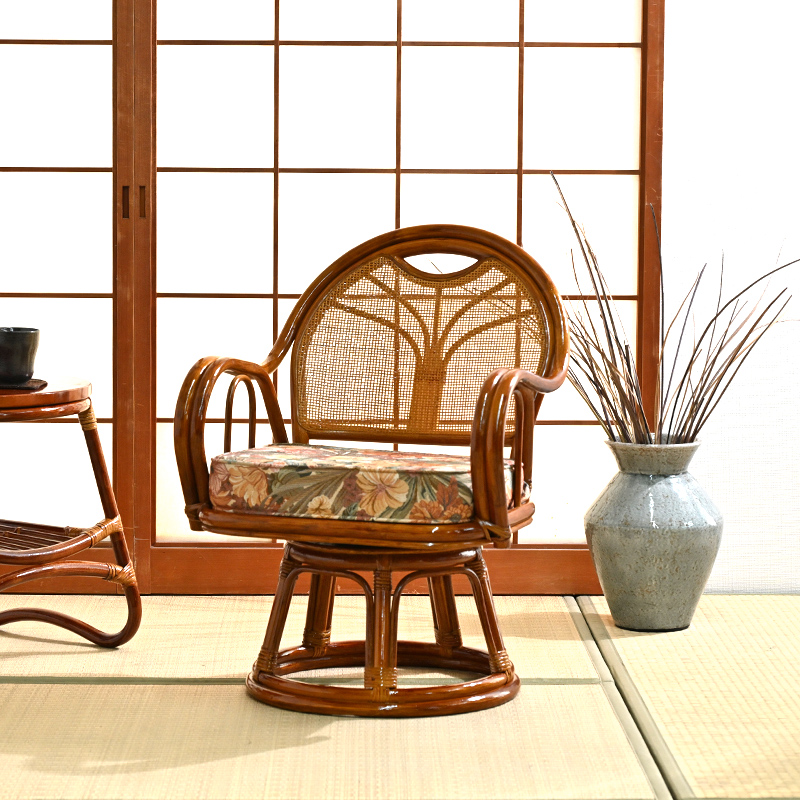 ラタン回転チェア 籐製回転椅子 花柄 クッション付き 座面高36cm ミドルハイタイプ C743HRF