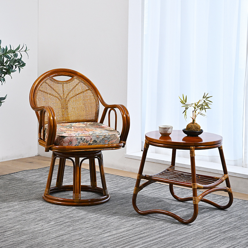 ラタン回転チェア 籐製回転椅子 花柄 クッション付き 座面高43cm ハイタイプ C744HRF